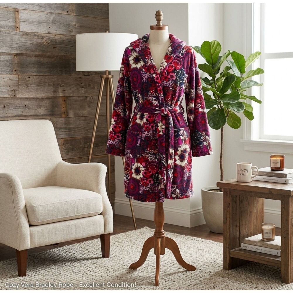 Vera Bradley Plush Fleece Hooded Robe S/M Cozy Floral Belted Wrap Pockets